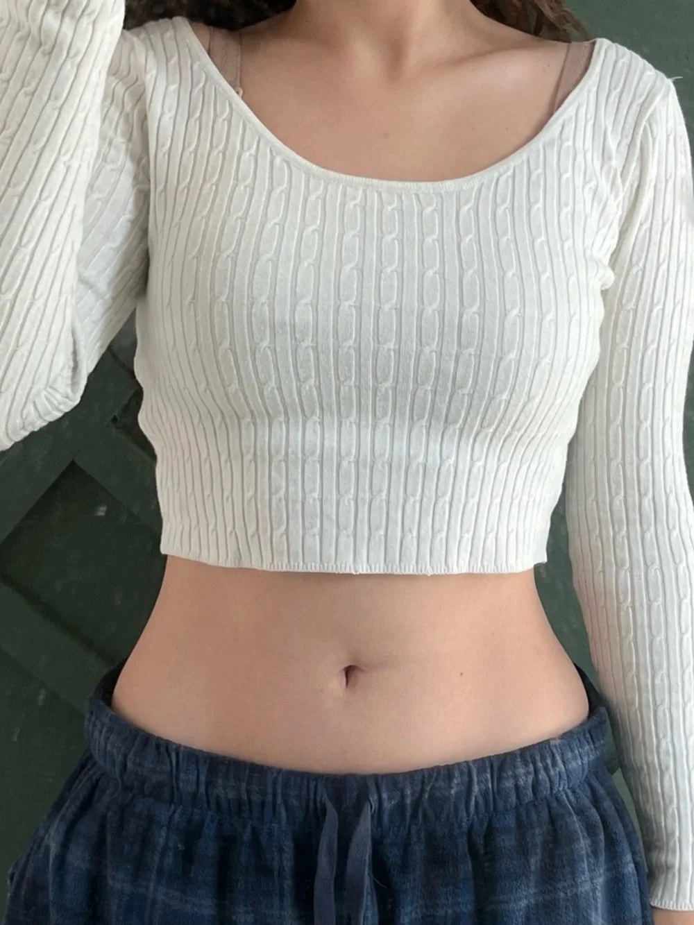 H&M White Cable-Knit Cropped Long-Sleeve Top